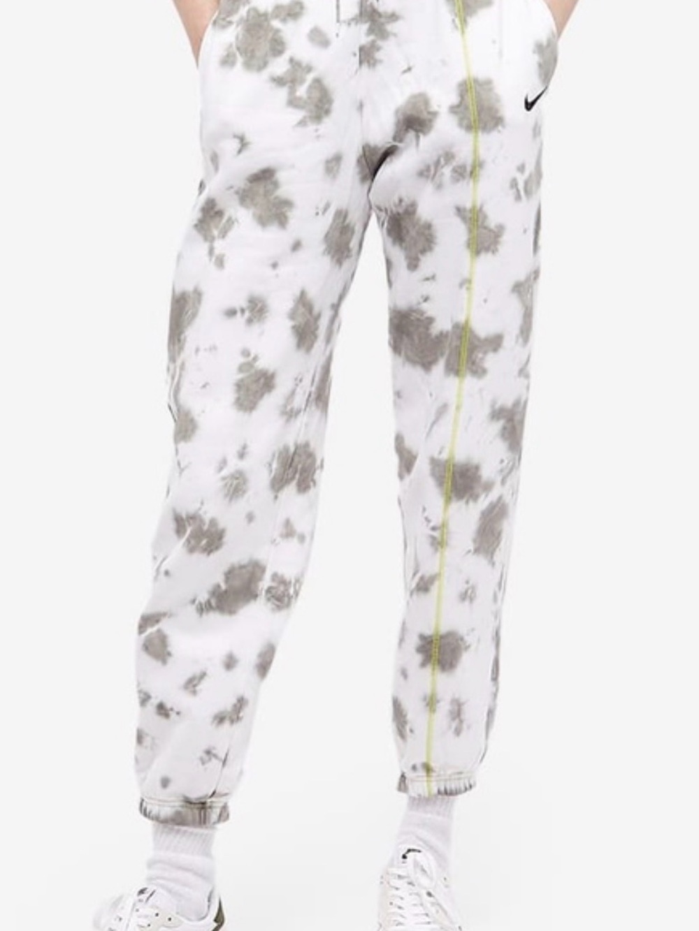 Nike White & Gray Tie-Dye Joggers with Black Swoosh and Lime Piping